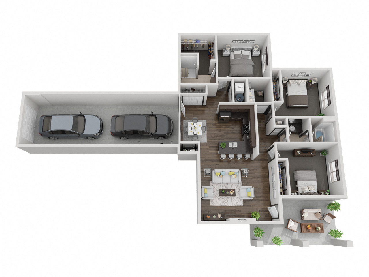Floor plan for 3 beds, 2 baths, 1399 sqft